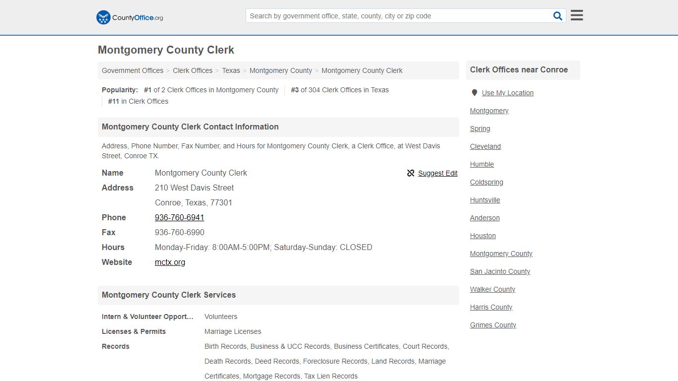 Montgomery County Clerk - Conroe, TX (Address, Phone, Fax, and Hours)